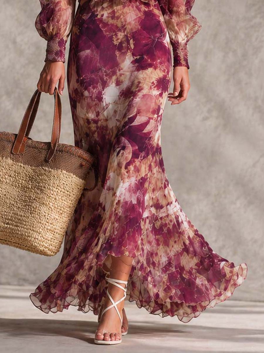 Robe Longue en Mousseline Rose Poudré Fleurie Épaules Dénudées