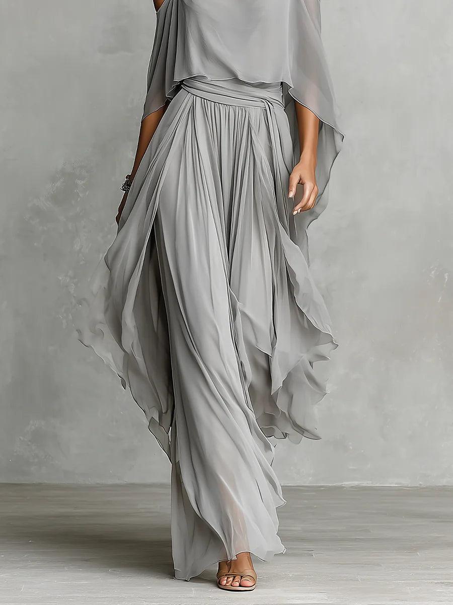 Ensemble Gris en Mousseline avec Débardeur Fluide Épaules Dénudées et Pantalon