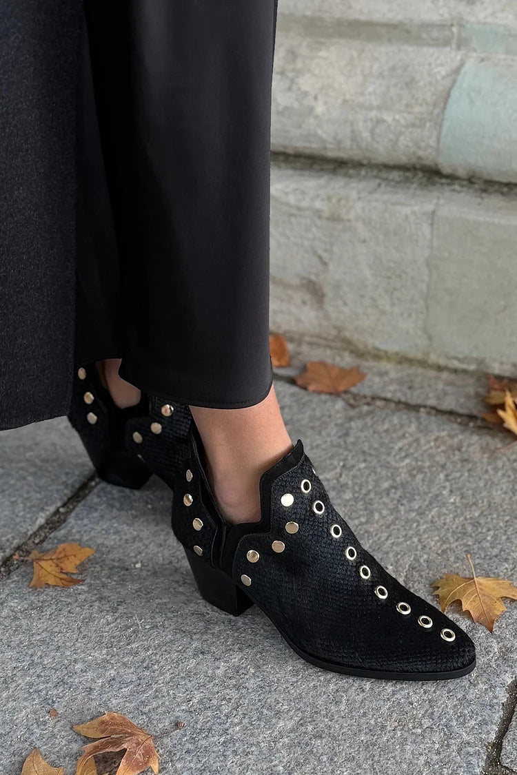 Liliane | Bottes Noires Cloutées en Suédine à Talon Épais