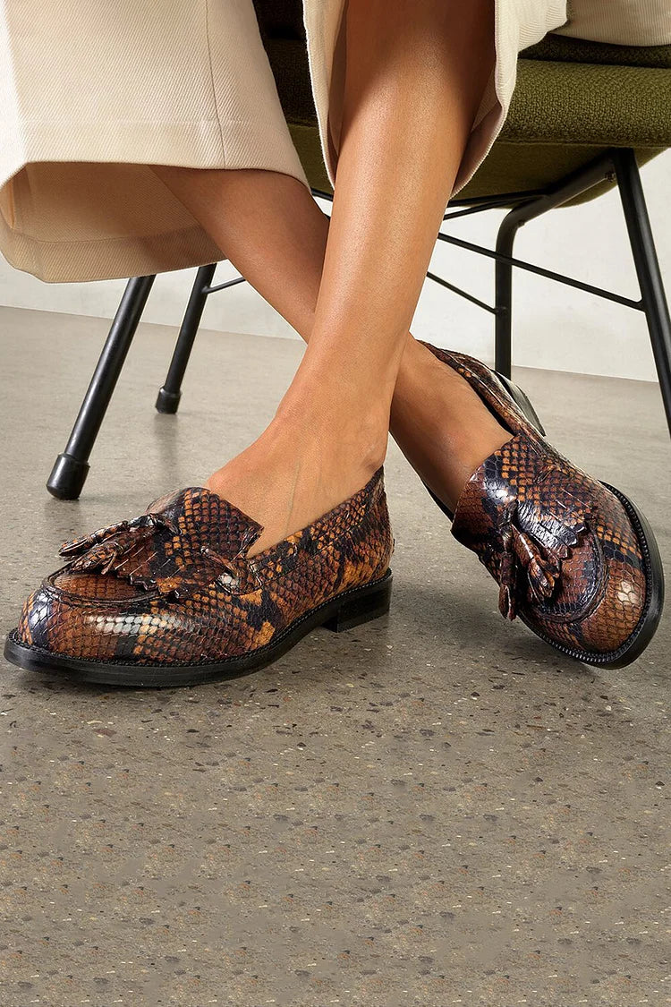 Blanche | Mocassins Bout Rond à Franges Effet Serpent