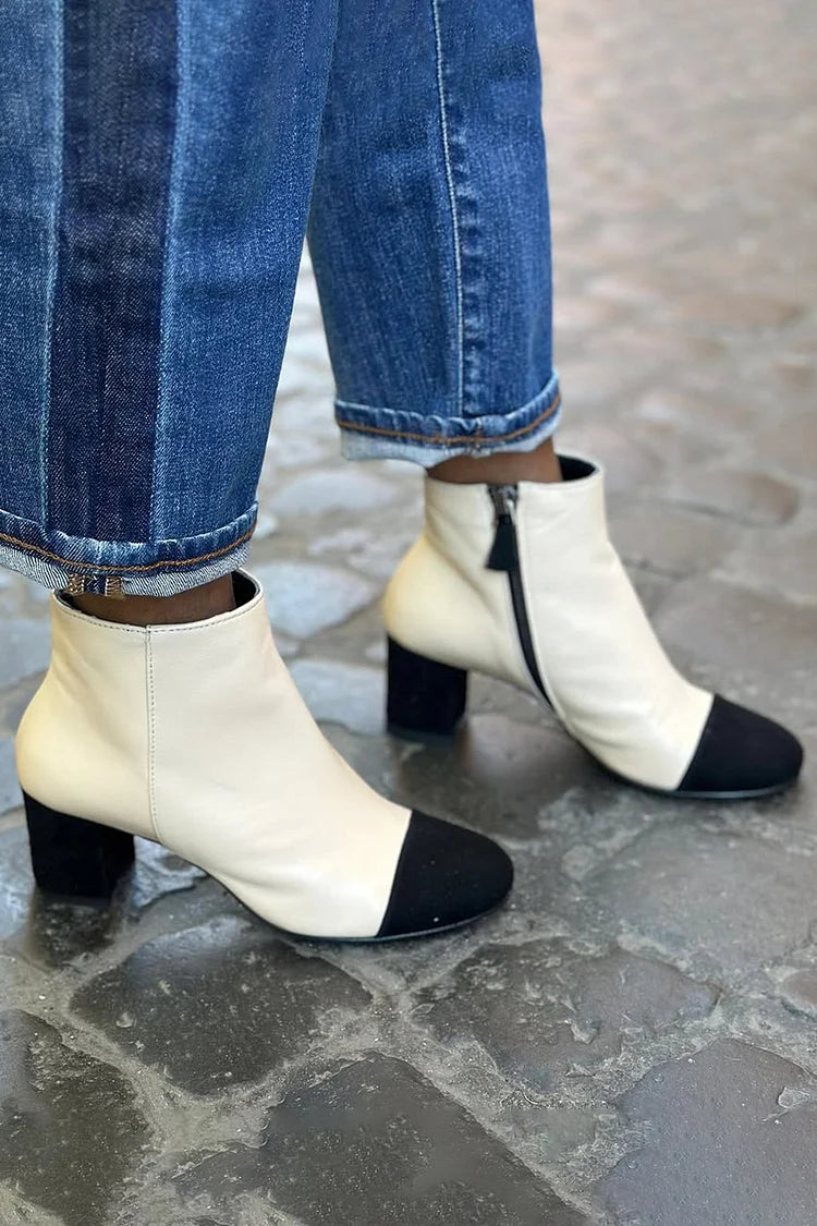 Lorraine | Bottes Beiges Color Block Bout Rond à Talon Épais et Zip