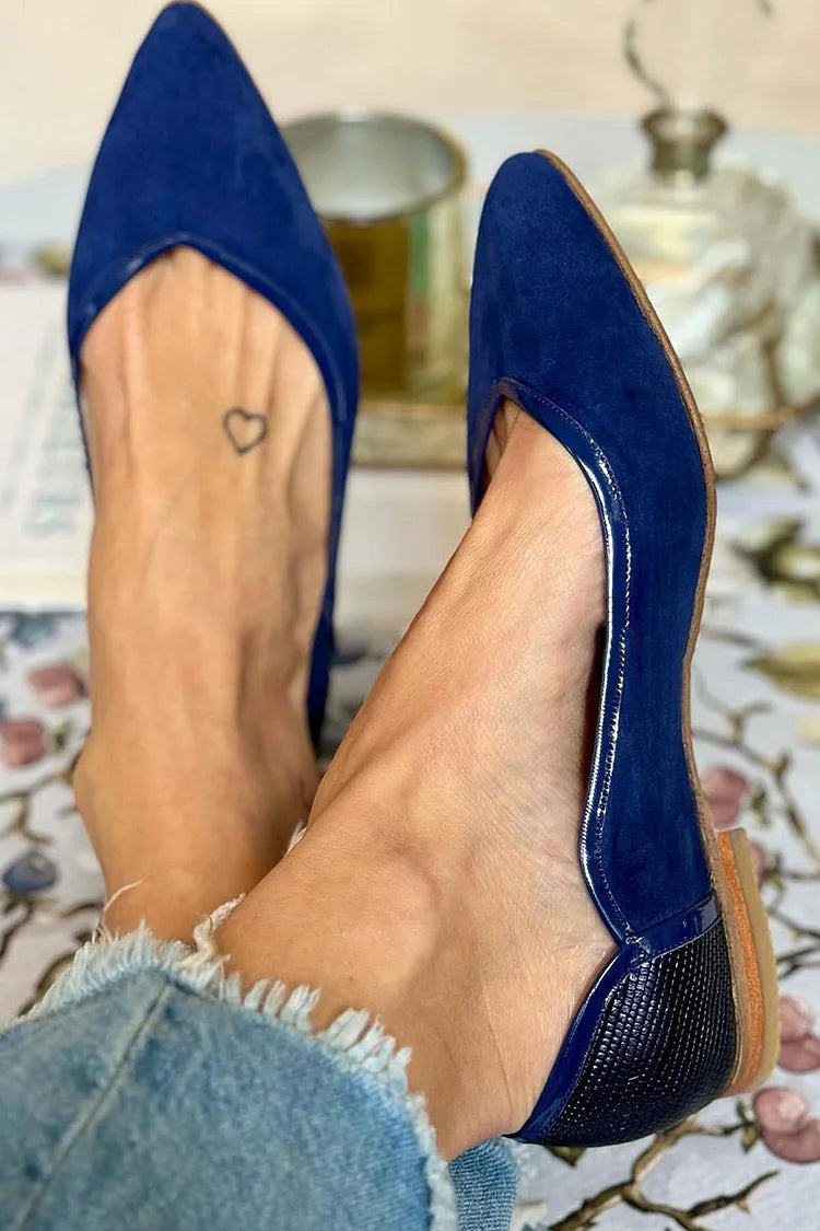 Ballerines Bleu Marine Élégantes Imprimé Python Patchwork à Bout Pointu.