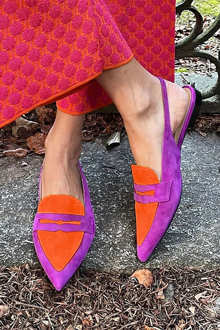 Ballerines Slingback Violettes Color Block à Bout Pointu et Design Patchwork.