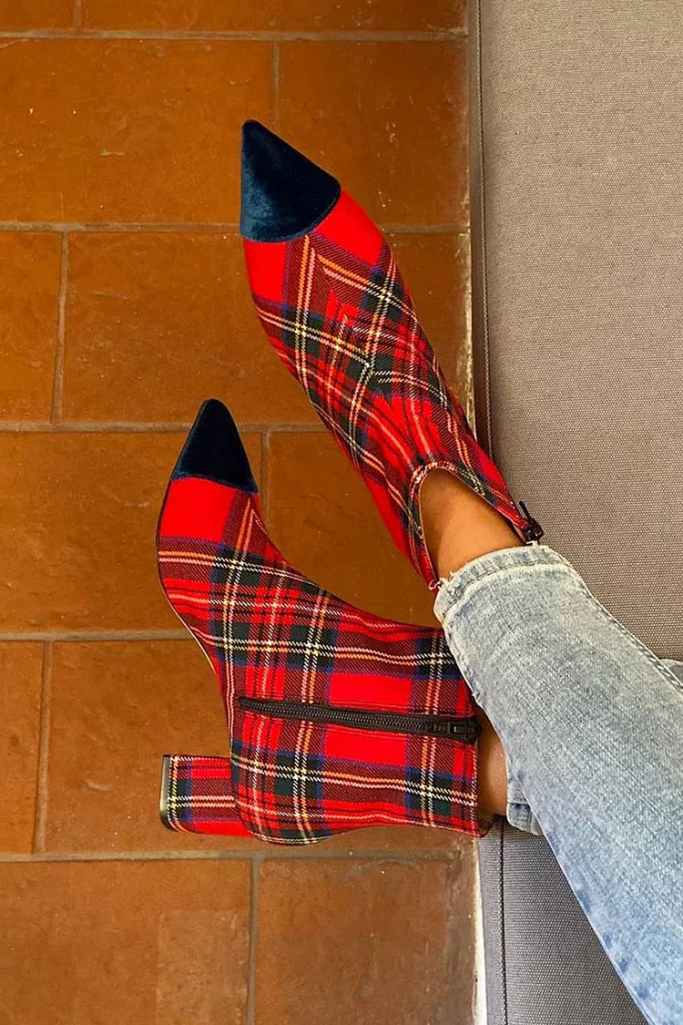 Vanessa | Bottes Rouges à Carreaux Pointues à Talon Épais