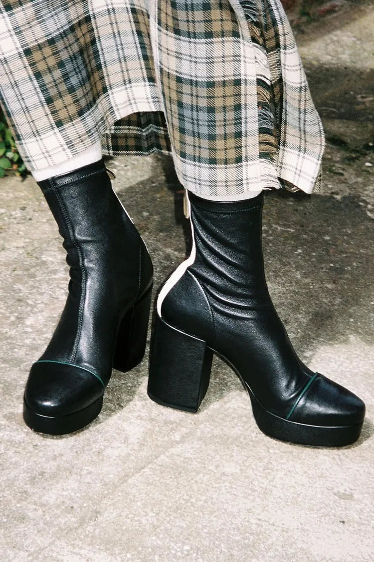 Coralie | Bottes Noires à Bout Rond, Zip et Talon Épais