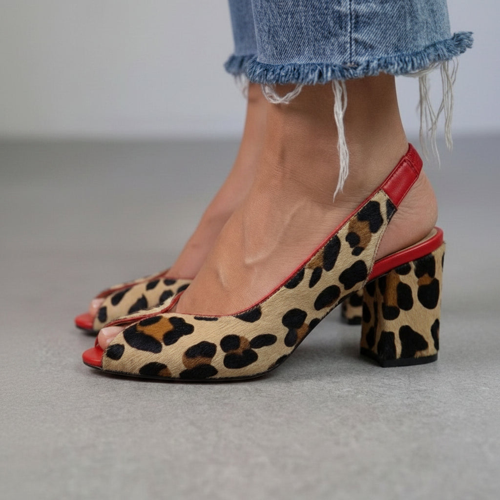 Talons bloc slingback peep toe à imprimé léopard Rouge