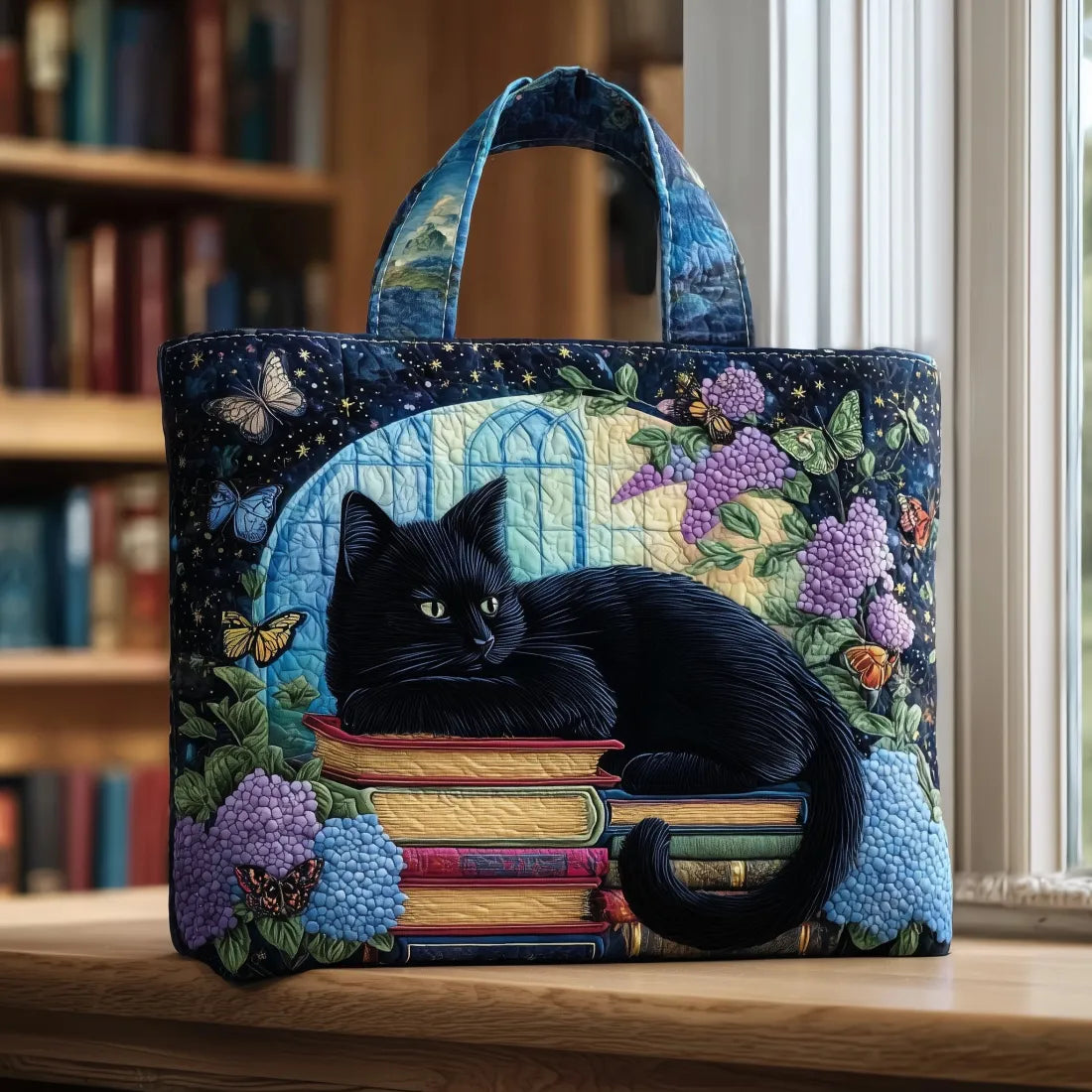Ludovica | Sac Matelassé Chat Noir parmi les Livres