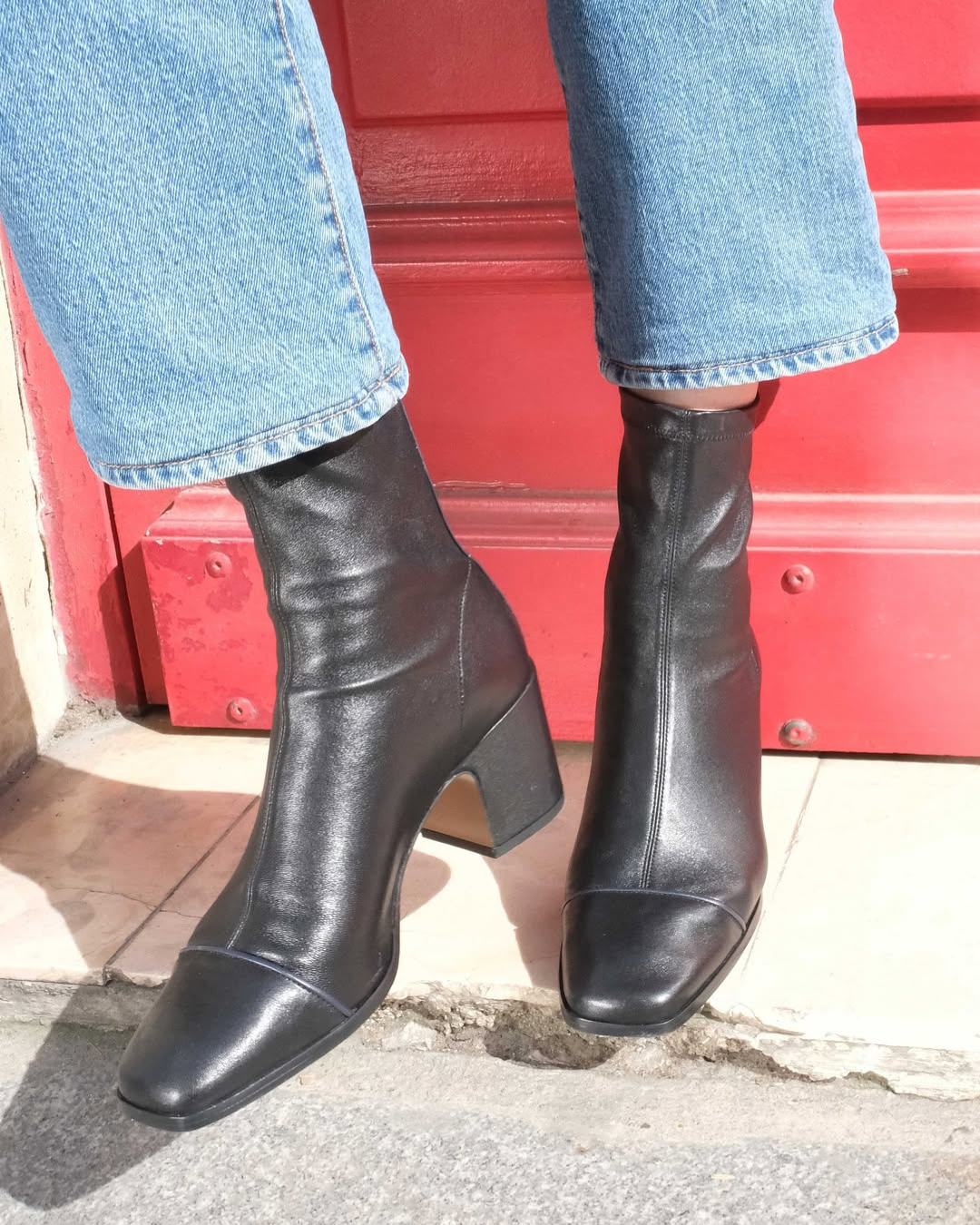 Bottines color block Noir à bout carré avec zip et petit talon bloc