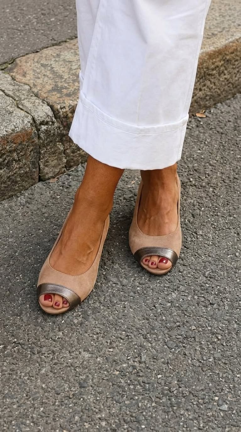 Ballerines Slip-On Taupe à Bout Ouvert et Embout Métallisé.