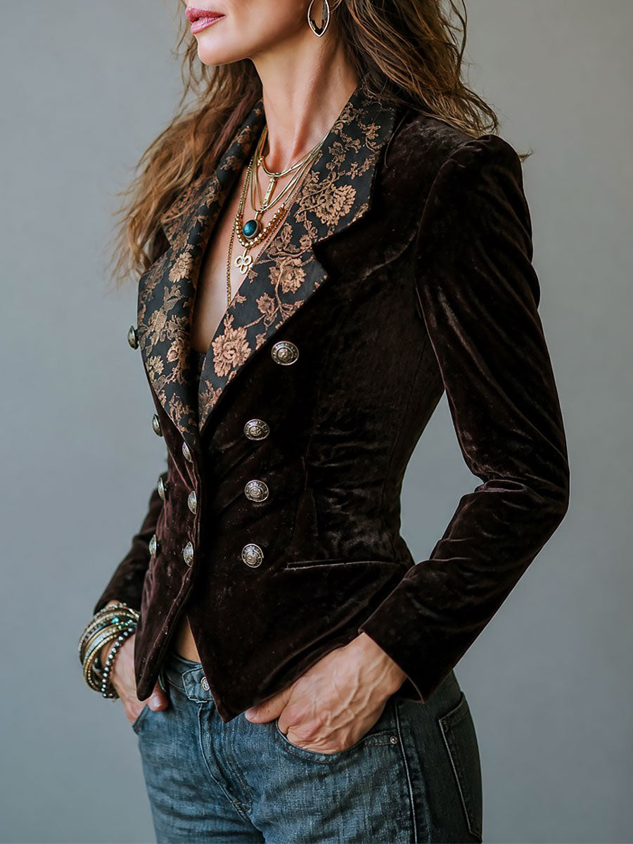 Léontine | Blazer Croisé en Velours à Revers Fleuri