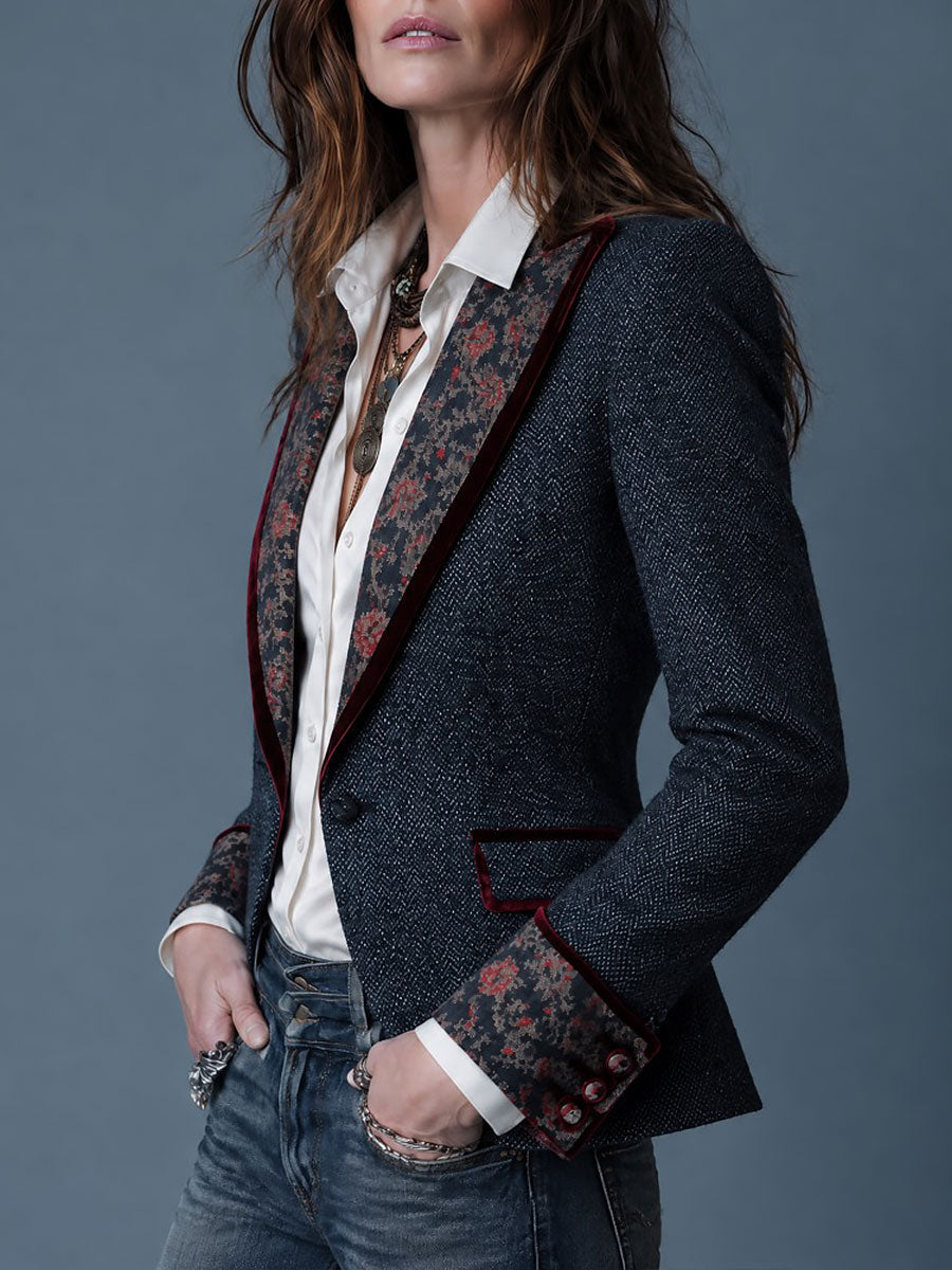 Laurine | Blazer Chevrons à Revers en Velours Fleuri