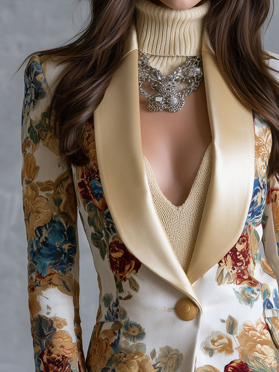 Sylvaine | Blazer Bohème Fleuri à Col Châle Satiné