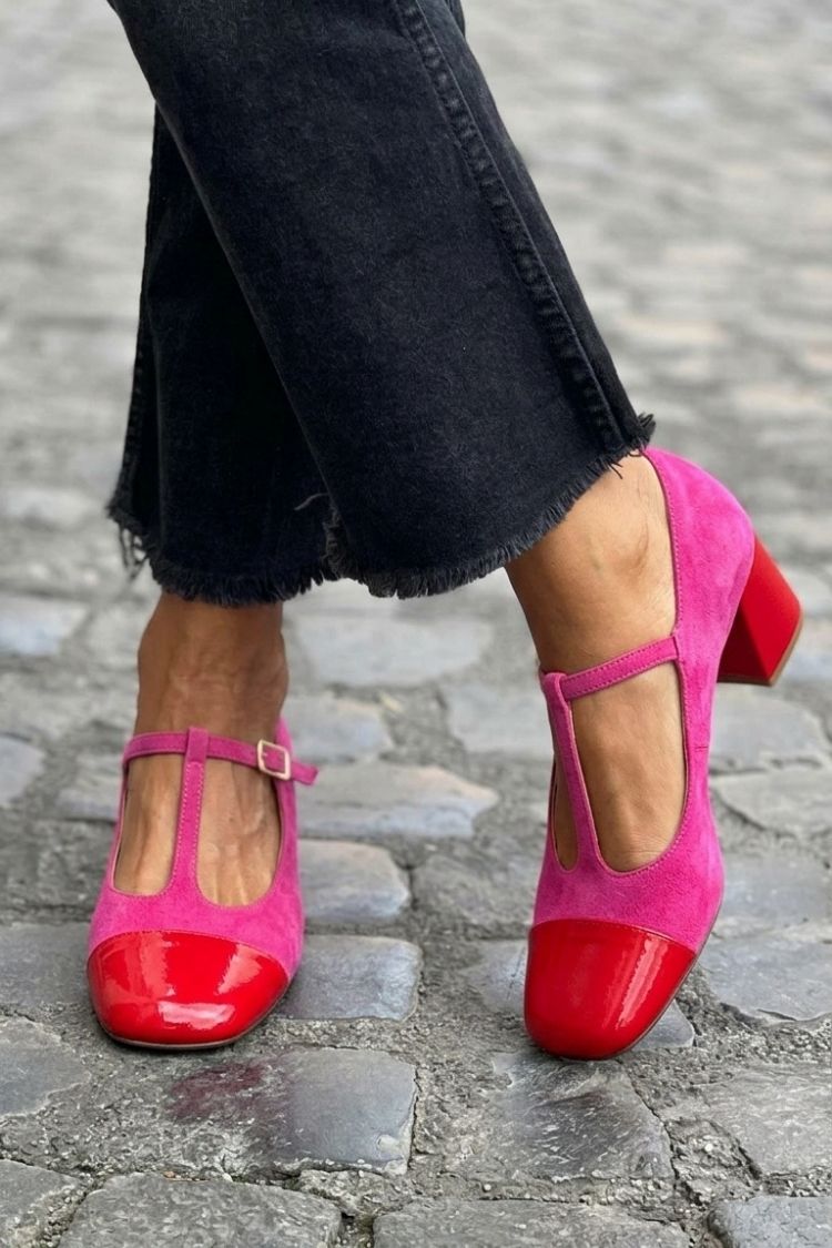 talons chunky violets à bout rond et bride en T à boucle color block.