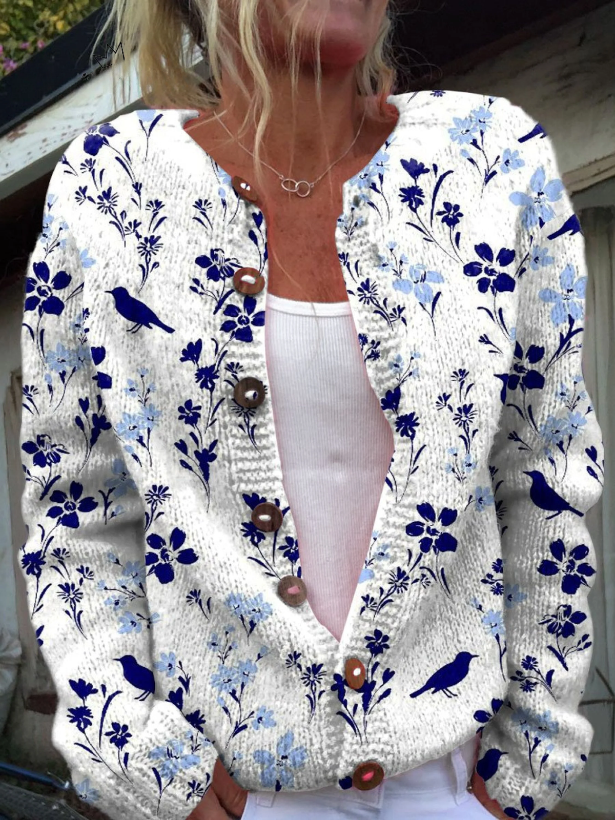 Loretta | Cardigan Vintage à Boutons Imprimé Fleurs et Oiseaux