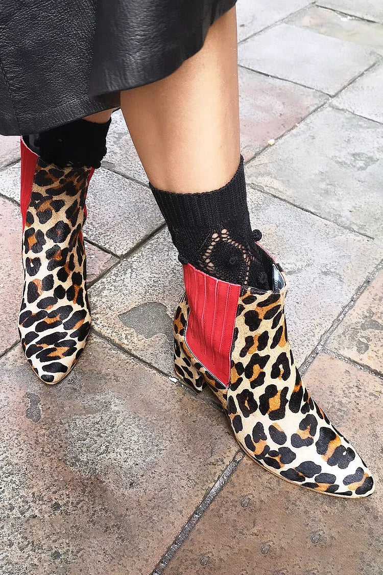Josiane | Bottes Léopard Beige en Suédine Pointues à Talon Épais