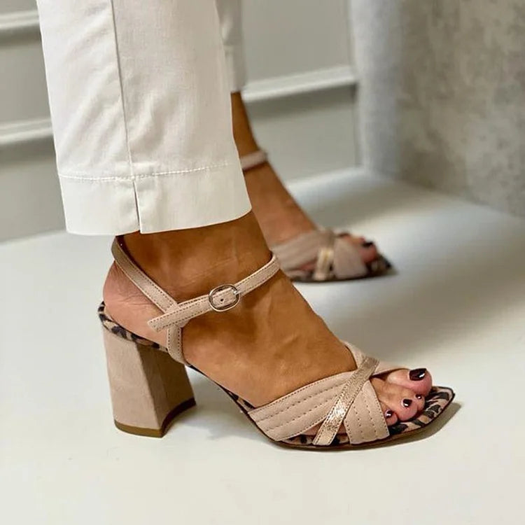 Talons larges peep toe patchwork à imprimé léopard Kaki