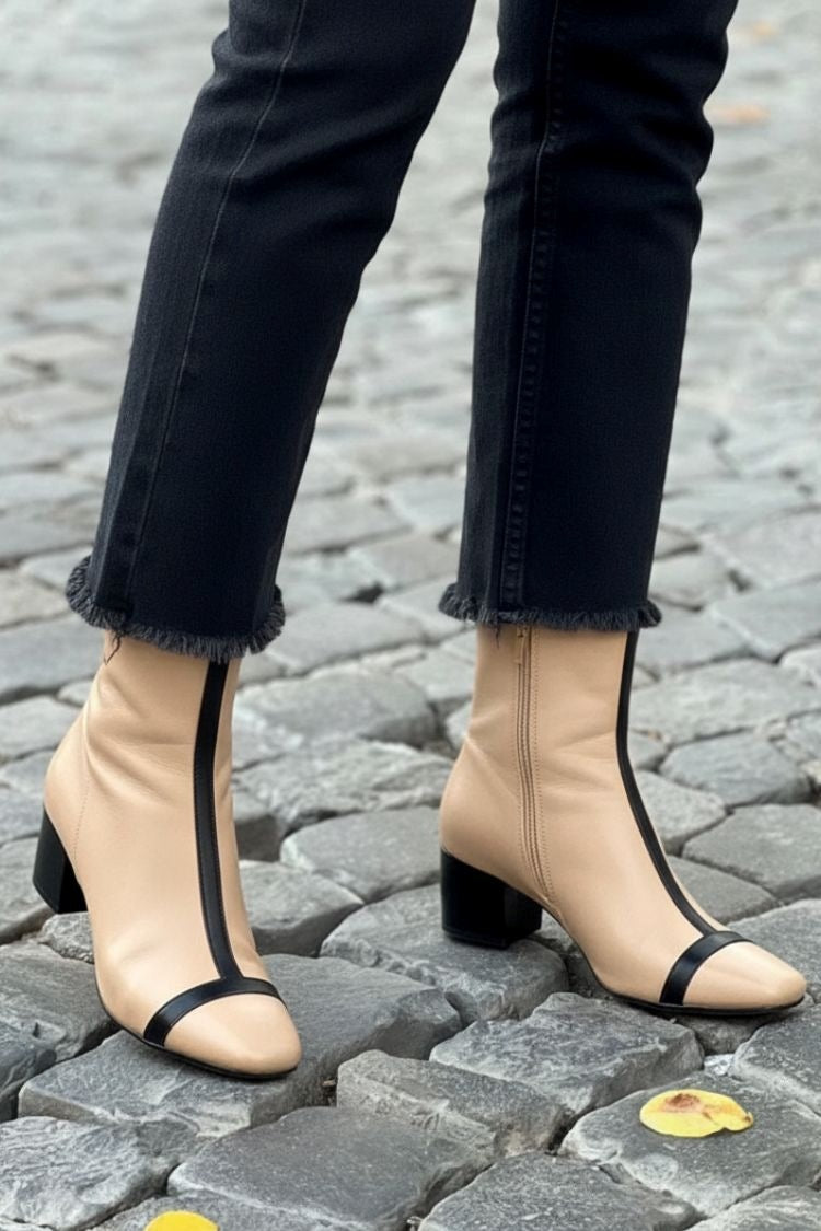 Salomé | Bottines Abricot Color Block à Talon Carré et Zip