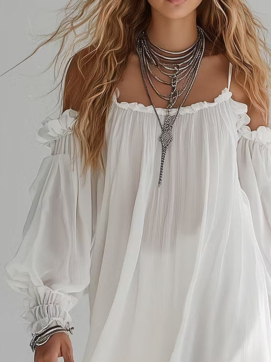 Mélusine | Mini Robe Fluide Style Bohème Épaules Dénudées
