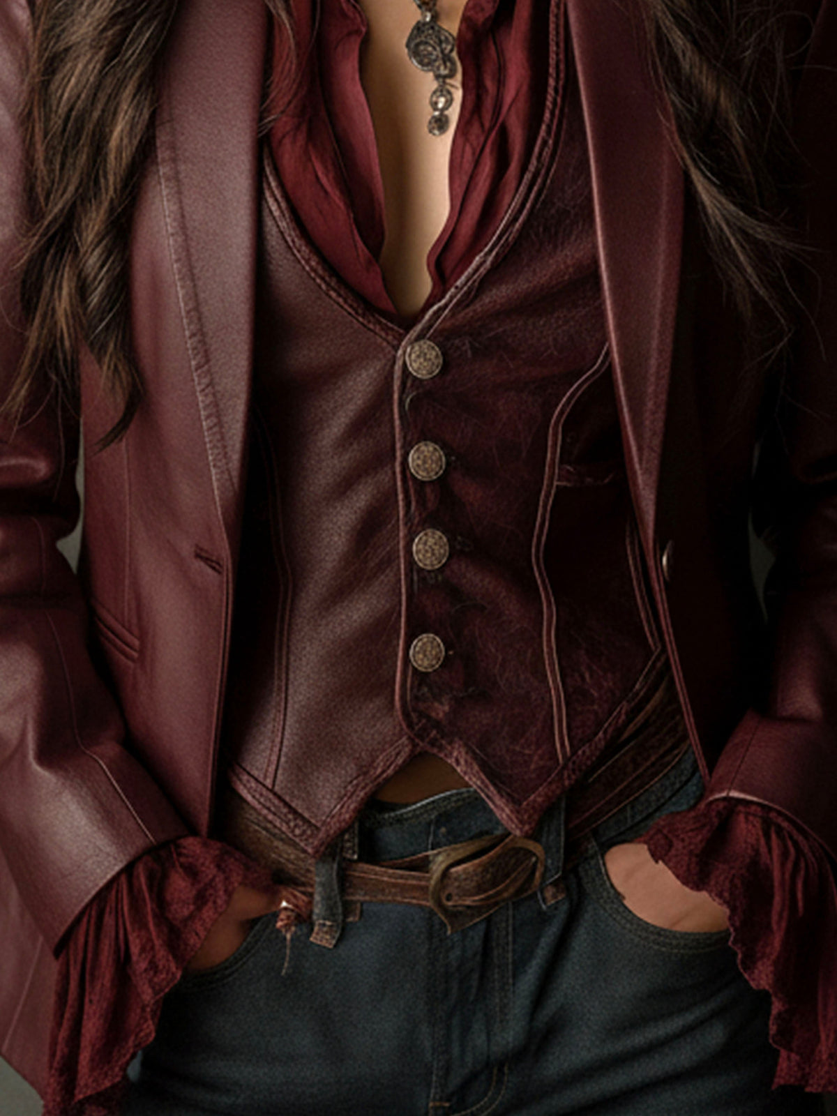 Évangéline | Blazer Bordeaux Effet Cuir