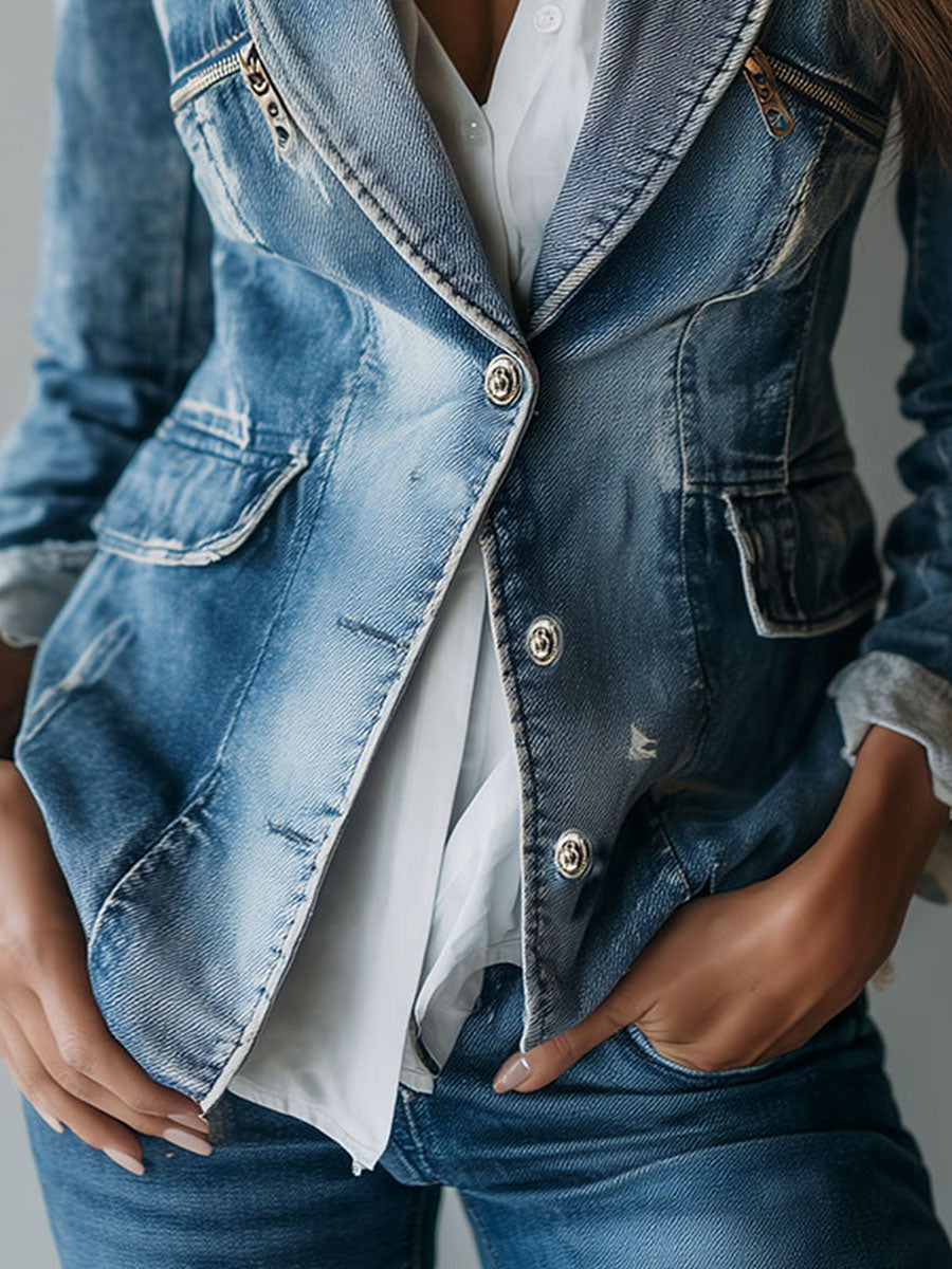 Apollonie | Blazer en Denim Délavé Coupe Tailleur