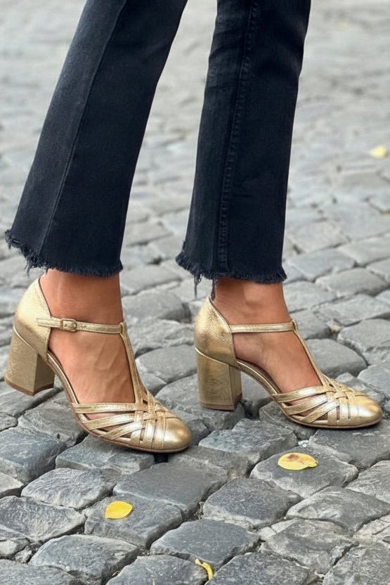 Chaussures à Talon Épais Or Champagne à Bride en T Tressée Chic.