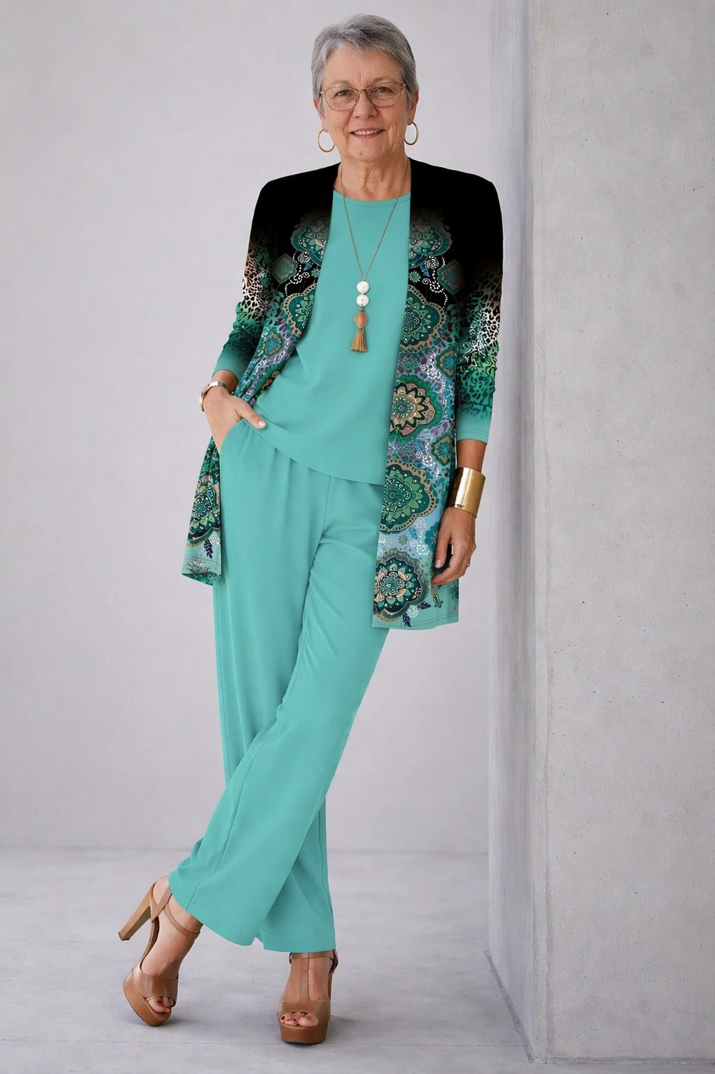 Aurore | Ensemble Trois Pièces Turquoise à Gilet Dégradé Imprimé