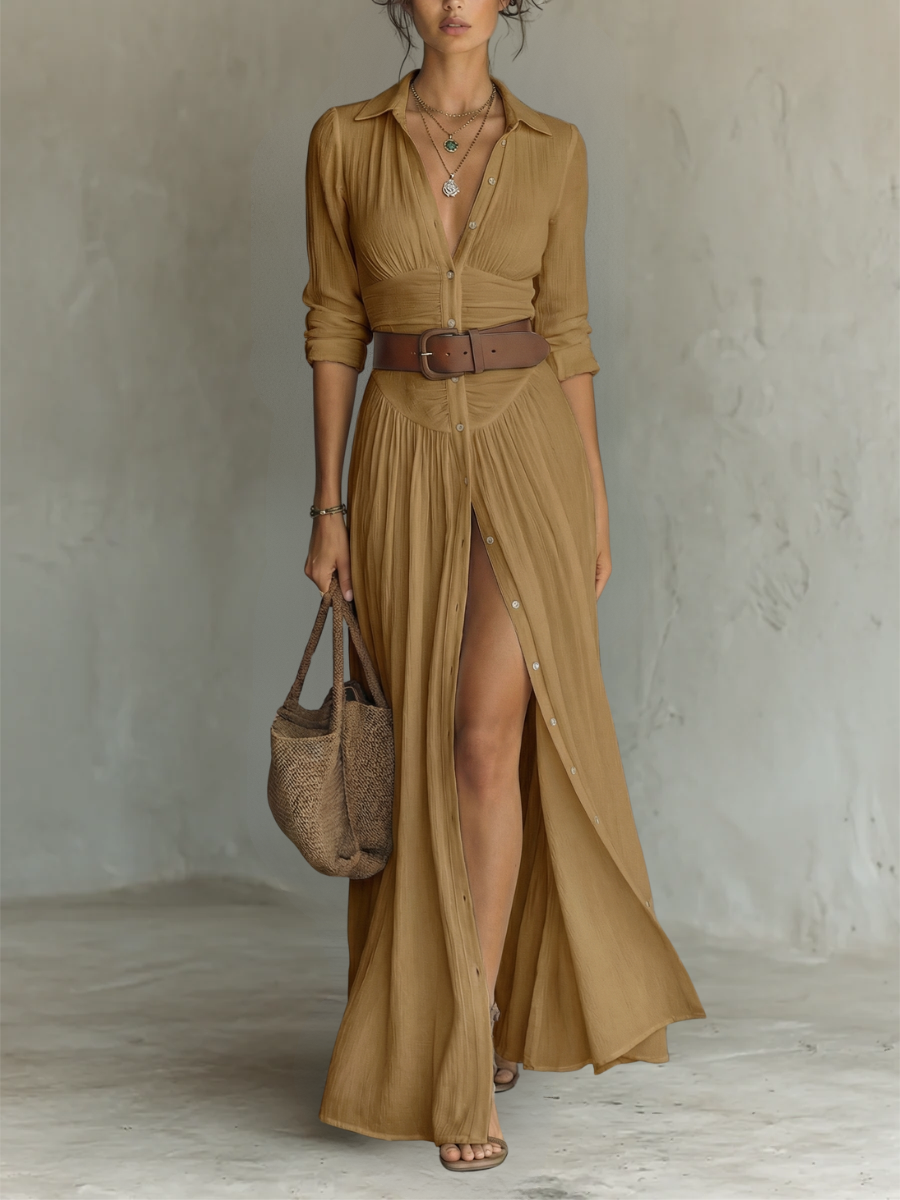 Robe Maxi Longue Femme à Col à Revers et Manches Longues