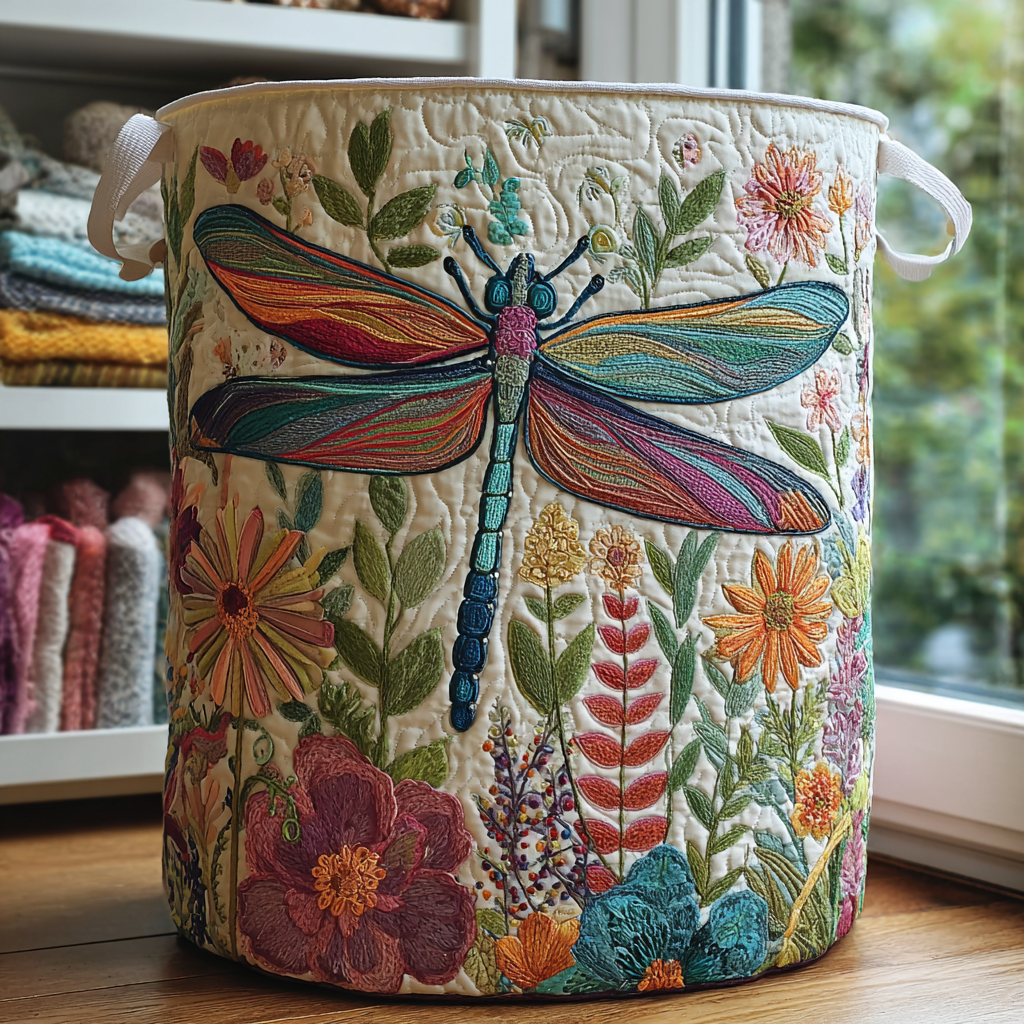 Libellule et Fleurs | Panier à Linge Fait Main