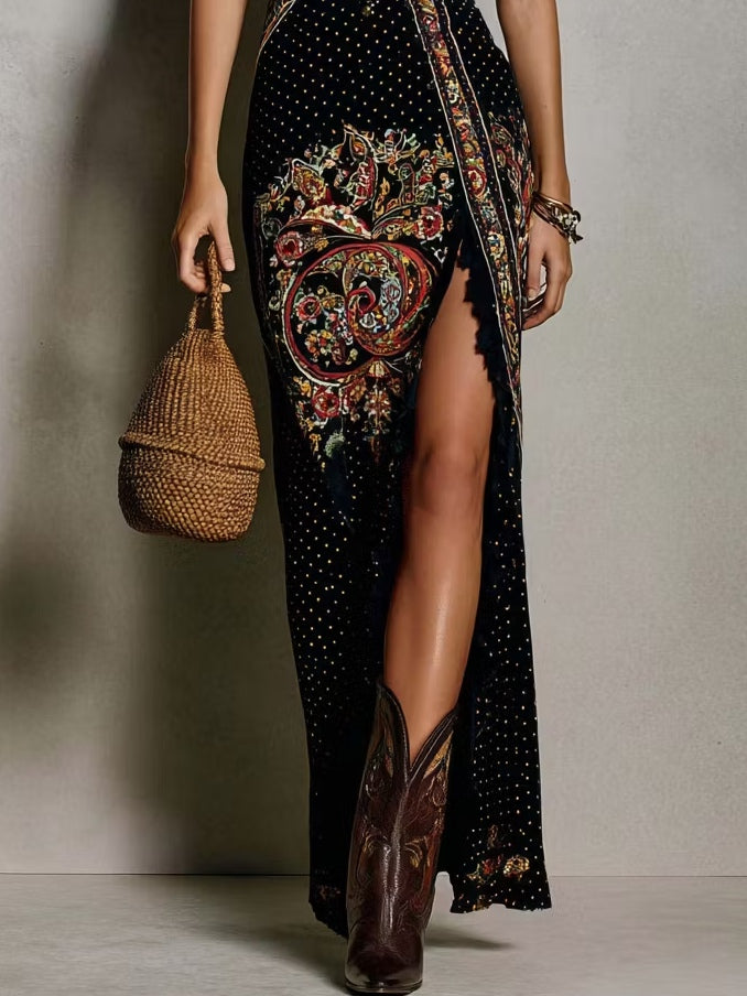 Robe Imprimée Style Bohème à Décolleté en V Plongeant et Fente Haute