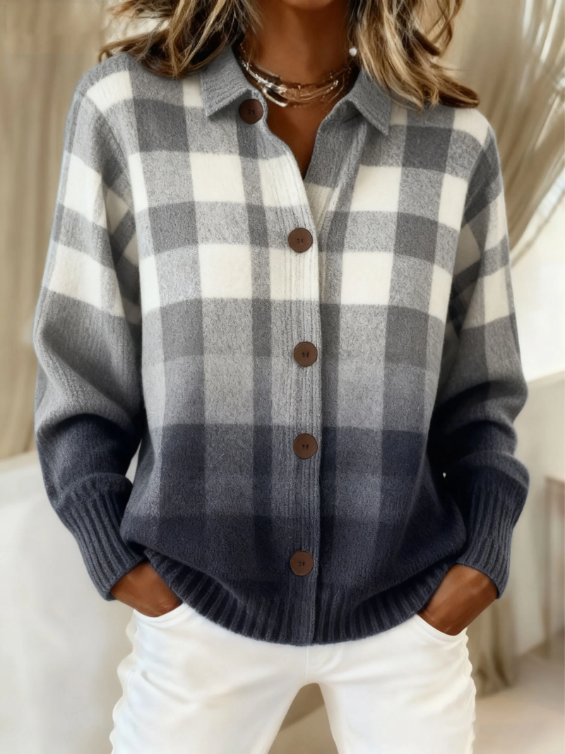 Costanza | Cardigan à Carreaux Gris Dégradé à Boutons