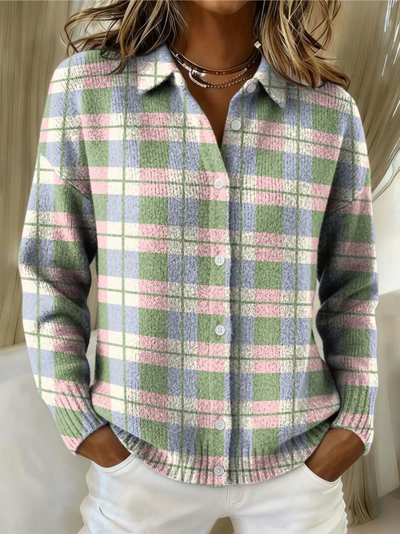 Elisa | Cardigan à Carreaux Pastel à Boutons