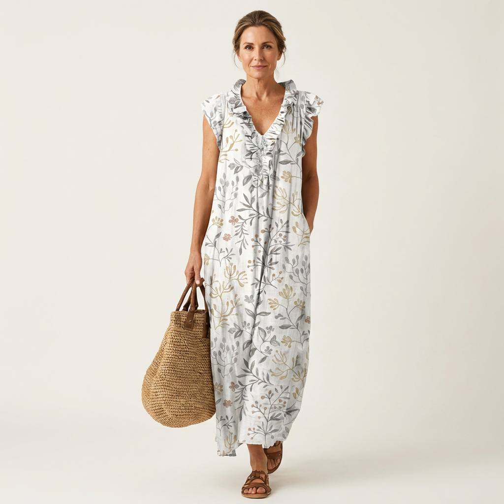 Regina | Robe Longue à Volants et Col en V