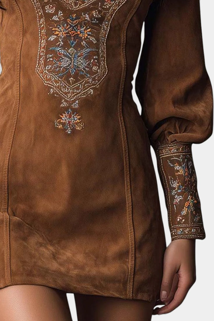 Anceline | Robe Courte en Suédine à Fleurs en Relief Esprit Vintage