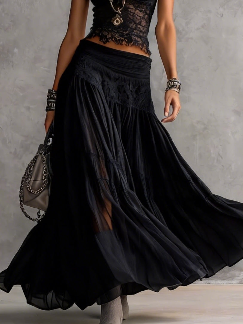 Ensemble Noir Top en Dentelle Semi-Transparente et Jupe Maxi Plissée