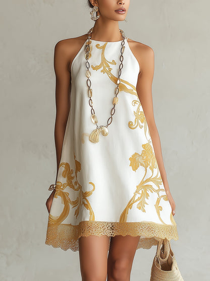 Héloïse | Mini Robe en Dentelle Blanche à Motifs Dorés