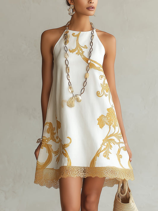 Héloïse | Mini Robe en Dentelle Blanche à Motifs Dorés