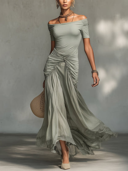 Robe Maxi Grise en Tissu Stretch et Mousseline