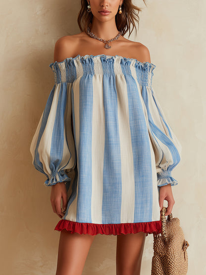 Ondine | Mini Robe Rayée Bleu et Blanc Épaules Dénudées à Ourlet Contrasté