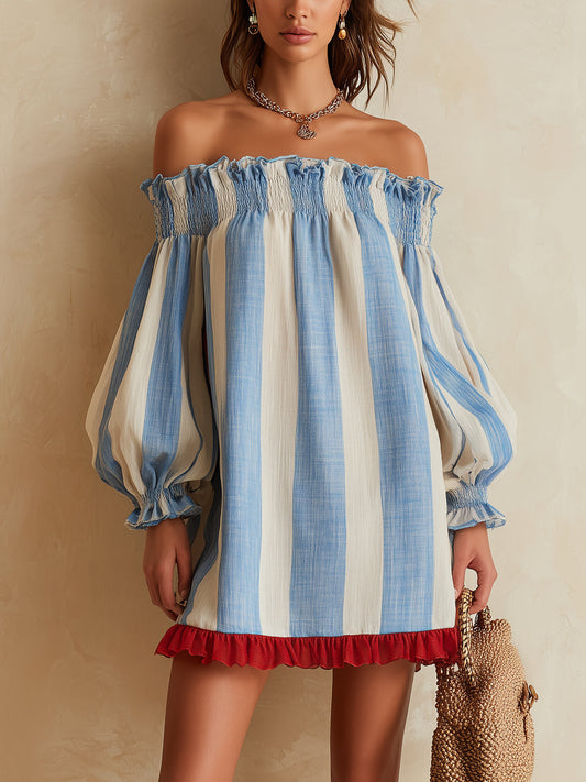 Ondine | Mini Robe Rayée Bleu et Blanc Épaules Dénudées à Ourlet Contrasté