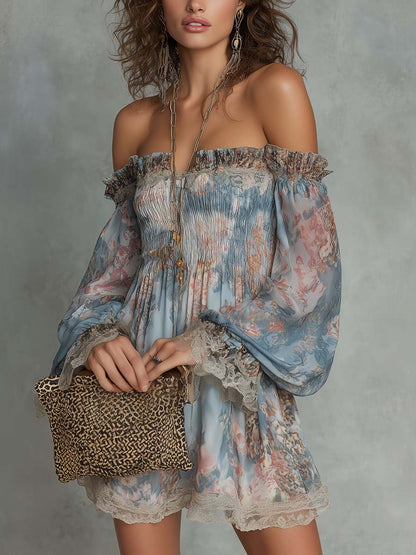 Romane | Mini Robe en Mousseline Froncée Épaules Dénudées à Fleurs Romantiques