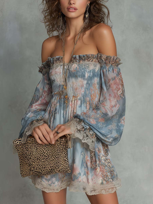 Romane | Mini Robe en Mousseline Froncée Épaules Dénudées à Fleurs Romantiques