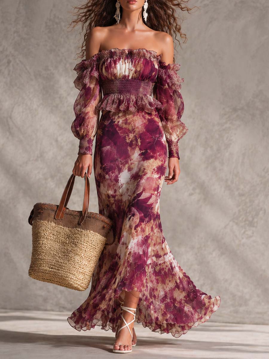 Robe Longue en Mousseline Rose Poudré Fleurie Épaules Dénudées
