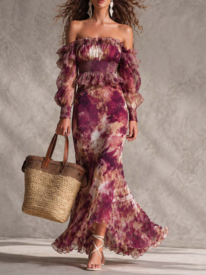 Robe Longue en Mousseline Rose Poudré Fleurie Épaules Dénudées