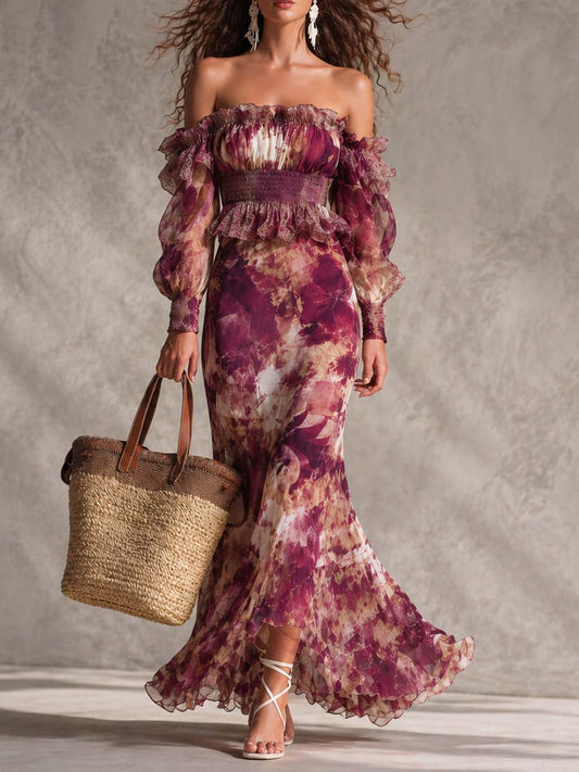 Robe Longue en Mousseline Rose Poudré Fleurie Épaules Dénudées