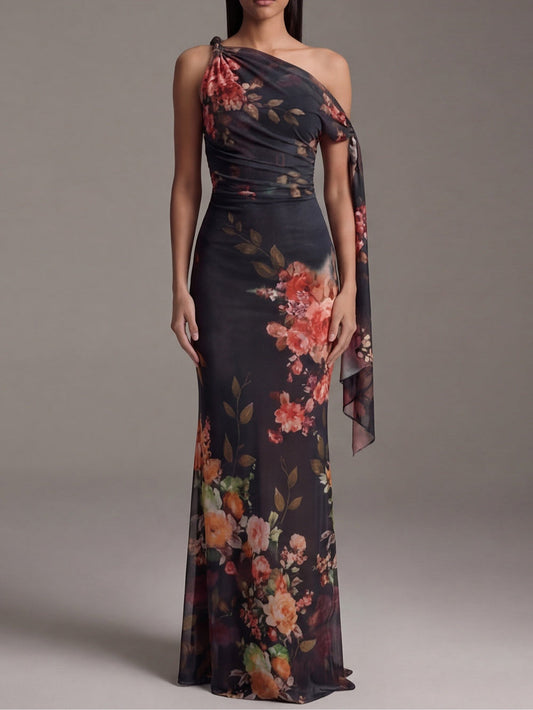 Robe Longue Noire Asymétrique à Une Épaule Imprimée Plissée en Mousseline