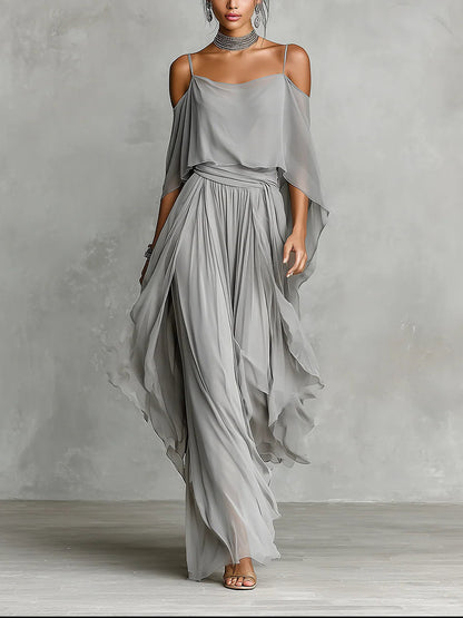 Ensemble Gris en Mousseline avec Débardeur Fluide Épaules Dénudées et Pantalon