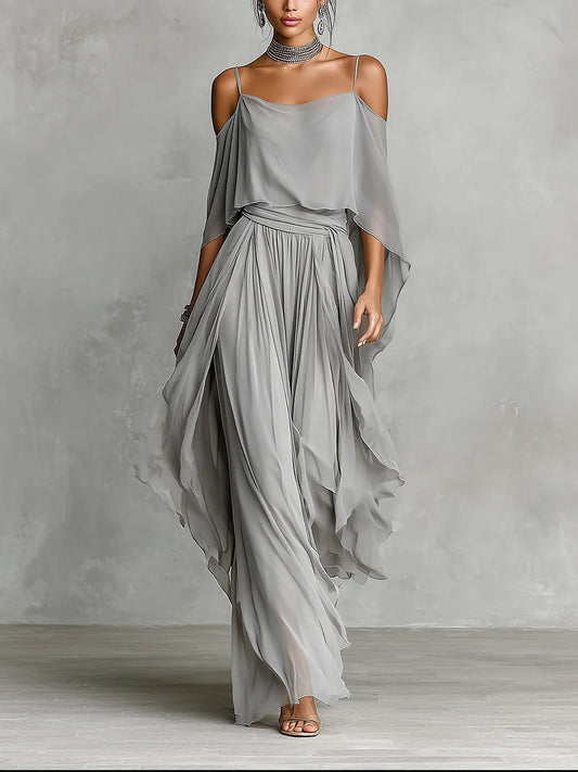Ensemble Gris en Mousseline avec Débardeur Fluide Épaules Dénudées et Pantalon