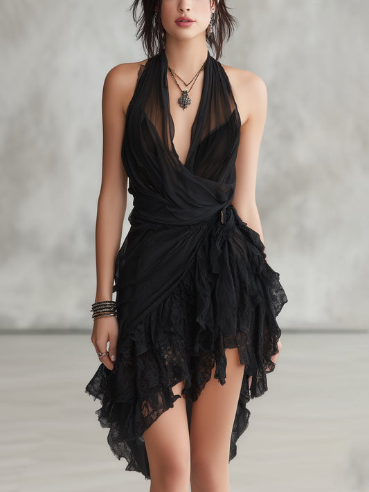 Mini Robe Noire à Col Halter, Dentelle et Volants