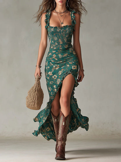 Robe Maxi Bohème Imprimée Verte à Manches Volantées