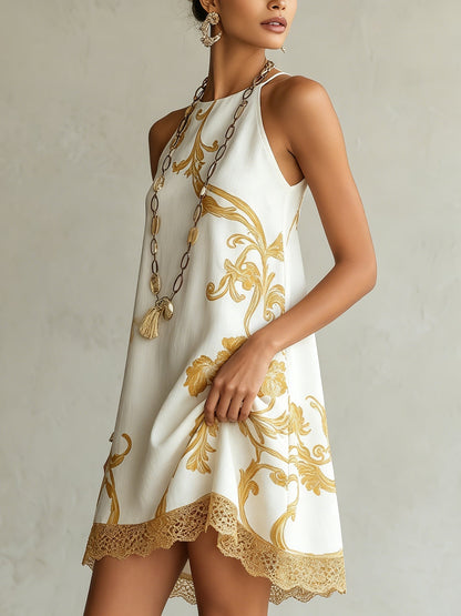 Héloïse | Mini Robe en Dentelle Blanche à Motifs Dorés